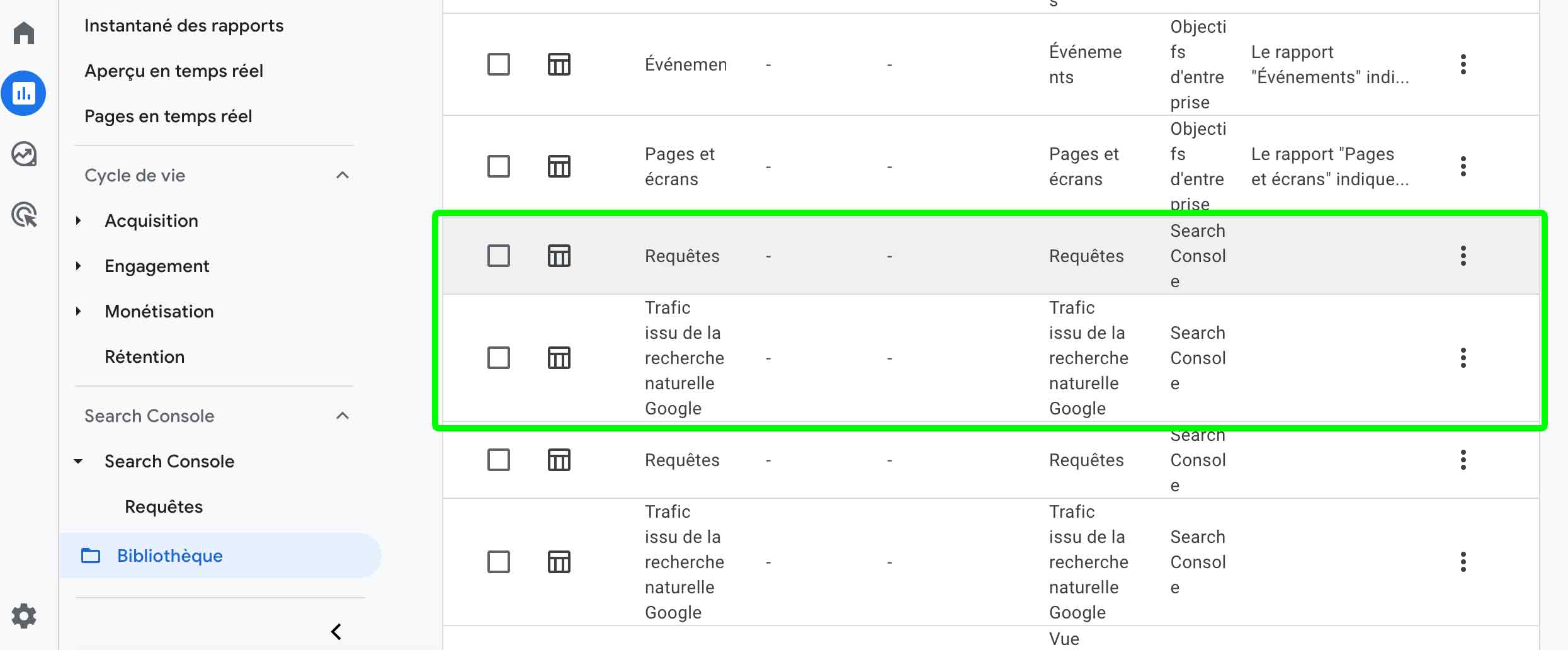 rapport traffic requete ga4 search cpnsole